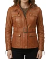 Womens Brown Belted Multi Pocket Leather Jacket