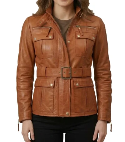 Womens Brown Belted Multi Pocket Leather Jacket