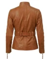 Womens Brown Belted Multi Pocket Leather Jacket back