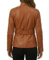Womens Brown Belted Multi Pocket Leather Jacket back full view
