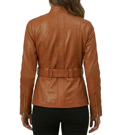 Womens Brown Belted Multi Pocket Leather Jacket back full view