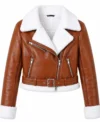 Womens Brown Cropped Shearling Aviator Leather Jacket