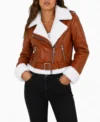 Womens Brown Cropped Shearling Aviator Leather Jacket front view