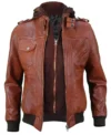 Womens Brown Hooded Leather Bomber Jacket