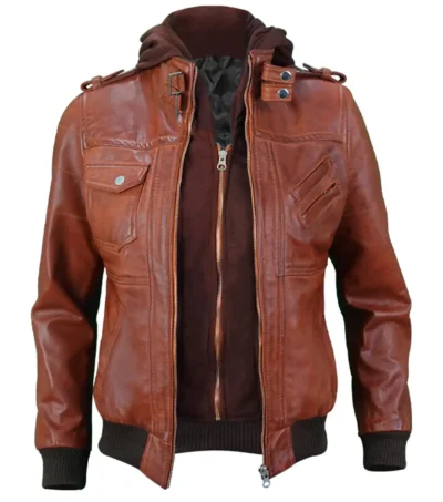Womens Brown Hooded Leather Bomber Jacket
