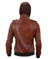 Womens Brown Hooded Leather Bomber Jacket back