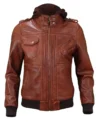 Womens Brown Hooded Leather Bomber Jacket front