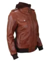 Womens Brown Hooded Leather Bomber Jacket right view