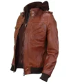 Womens Brown Hooded Leather Bomber Jacket side view