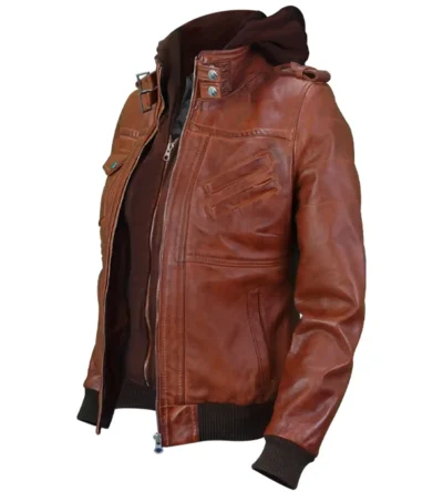 Womens Brown Hooded Leather Bomber Jacket side view