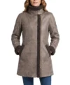 Womens Brown Shearling Trimmed Aviator Long Leather Coat