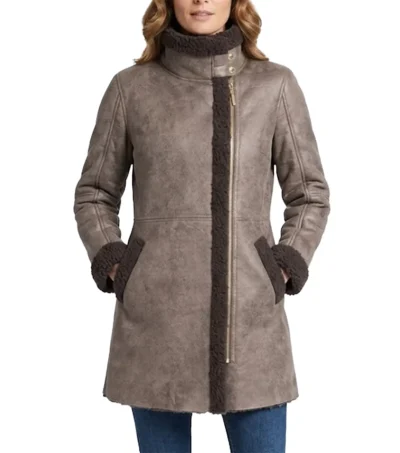 Womens Brown Shearling Trimmed Aviator Long Leather Coat