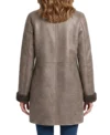 Womens Brown Shearling Trimmed Aviator Long Leather Coat back full view
