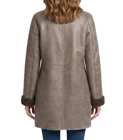 Womens Brown Shearling Trimmed Aviator Long Leather Coat back full view