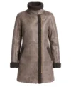 Womens Brown Shearling Trimmed Aviator Long Leather Coat front