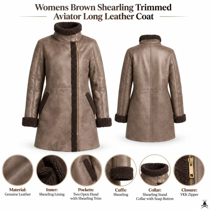 Womens Brown Shearling Trimmed Aviator Long Leather Coat info graph