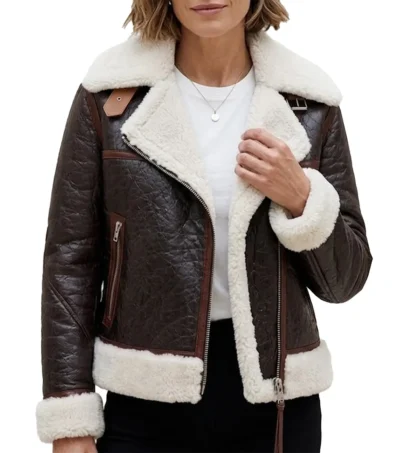 Womens Chocolate Brown Shearling Aviator Leather Jacket