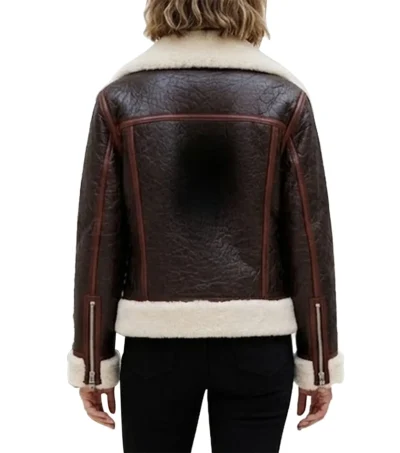 Womens Chocolate Brown Shearling Aviator Leather Jacket back full view