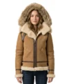 Women's Fur Hooded Shearling B3 Bomber Jacket in Tan