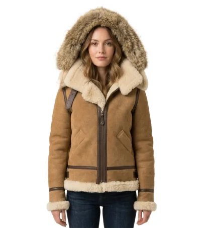 Women's Fur Hooded Shearling B3 Bomber Jacket in Tan