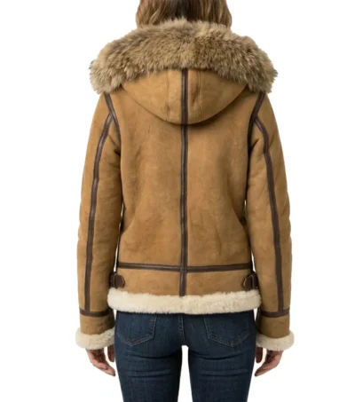 Women's Fur Hooded Shearling B3 Bomber Jacket in Tan back
