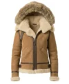 Women's Fur Hooded Shearling B3 Bomber Jacket in Tan front