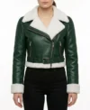 Womens Green Cropped Shearling Aviator Leather Jacket