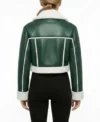 Womens Green Cropped Shearling Aviator Leather Jacket back full view