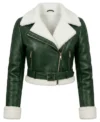 Womens Green Cropped Shearling Aviator Leather Jacket front