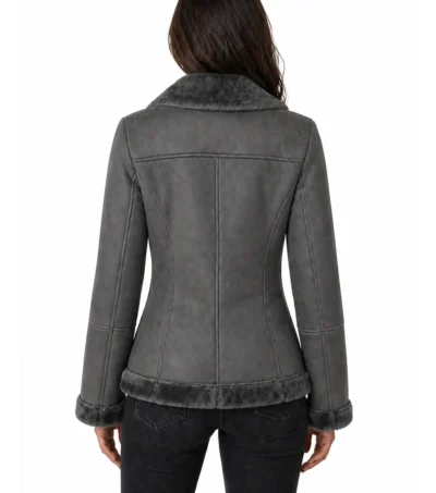Womens Grey Shearling Aviator Leather Jacket back view