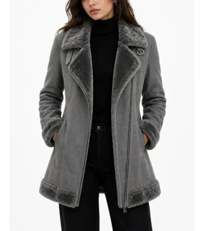 Womens Grey Shearling Aviator Leather Jacket front view