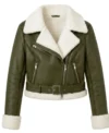 Womens Olive Green Cropped Shearling Aviator Leather Jacket