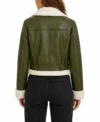 Womens Olive Green Cropped Shearling Aviator Leather Jacket back view