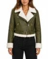 Womens Olive Green Cropped Shearling Aviator Leather Jacket front view