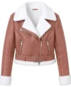 Womens Pink Cropped Shearling Aviator Leather Jacket