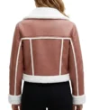 Womens Pink Cropped Shearling Aviator Leather Jacket back view