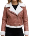 Womens Pink Cropped Shearling Aviator Leather Jacket front view