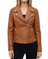 Womens Tan Brown Asymmetric Biker Leather Jacket