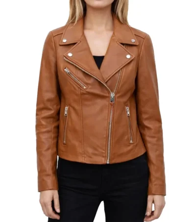 Womens Tan Brown Asymmetric Biker Leather Jacket