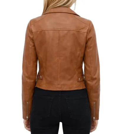 Womens Tan Brown Asymmetric Biker Leather Jacket back full view