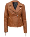 Womens Tan Brown Asymmetric Biker Leather Jacket front