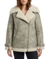 Womens White Distressed Shearling Aviator Leather Jacket