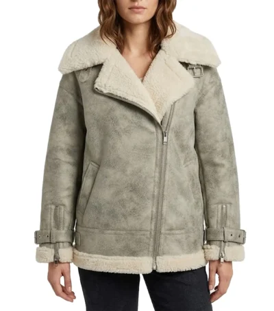 Womens White Distressed Shearling Aviator Leather Jacket