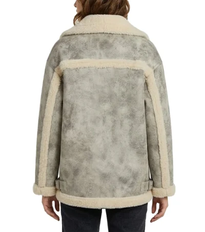 Womens White Distressed Shearling Aviator Leather Jacket back full view