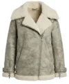 Womens White Distressed Shearling Aviator Leather Jacket front