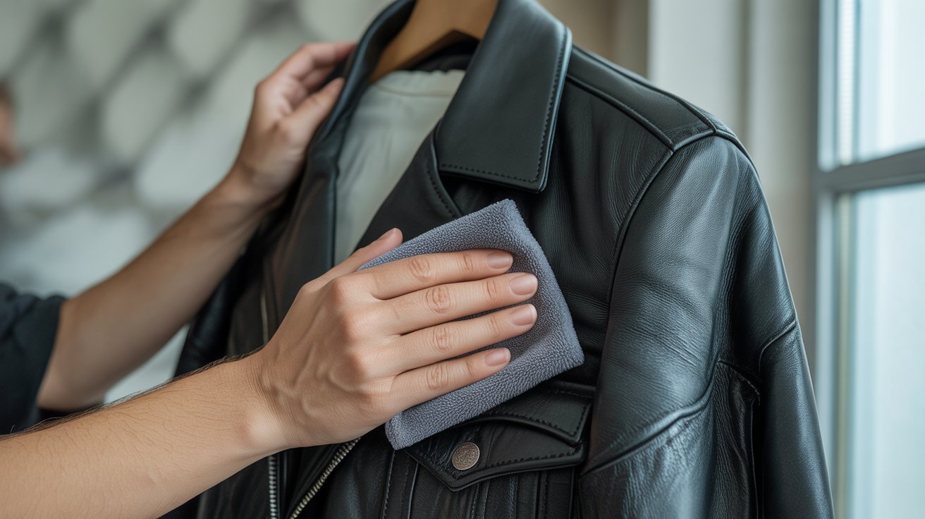 clean leather jacket with microfiber cloth step by step