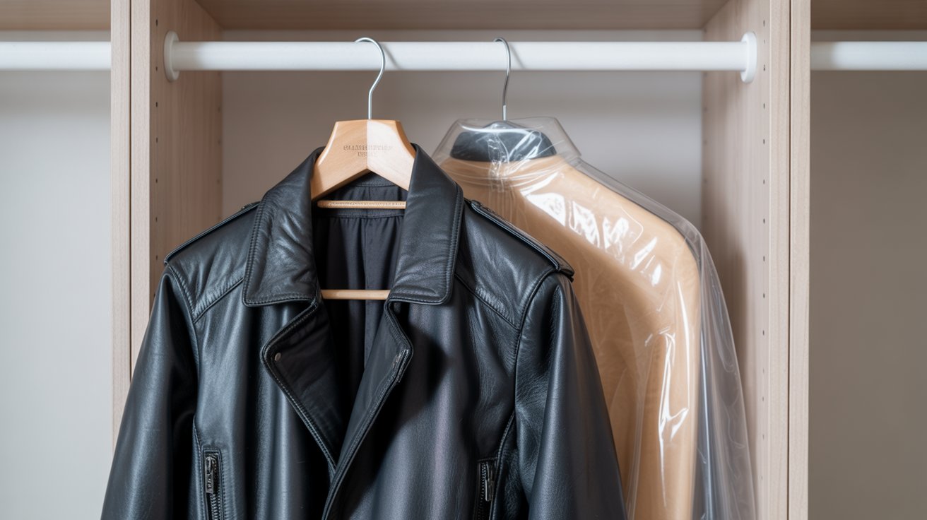 store leather jacket on padded hanger correctly