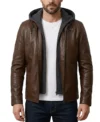 Mens Brown Detachable Grey Hooded Leather Jacket