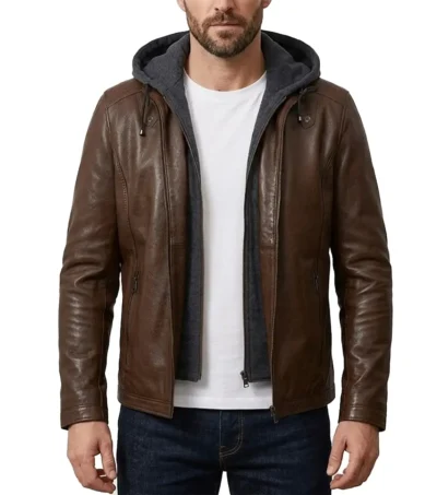 Mens Brown Detachable Grey Hooded Leather Jacket