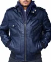Buy Mens Blue Hooded Leather Bomber Jacket